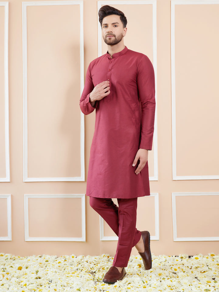 Maroon Cotton Solid Straight Kurta with Matching Pyjama