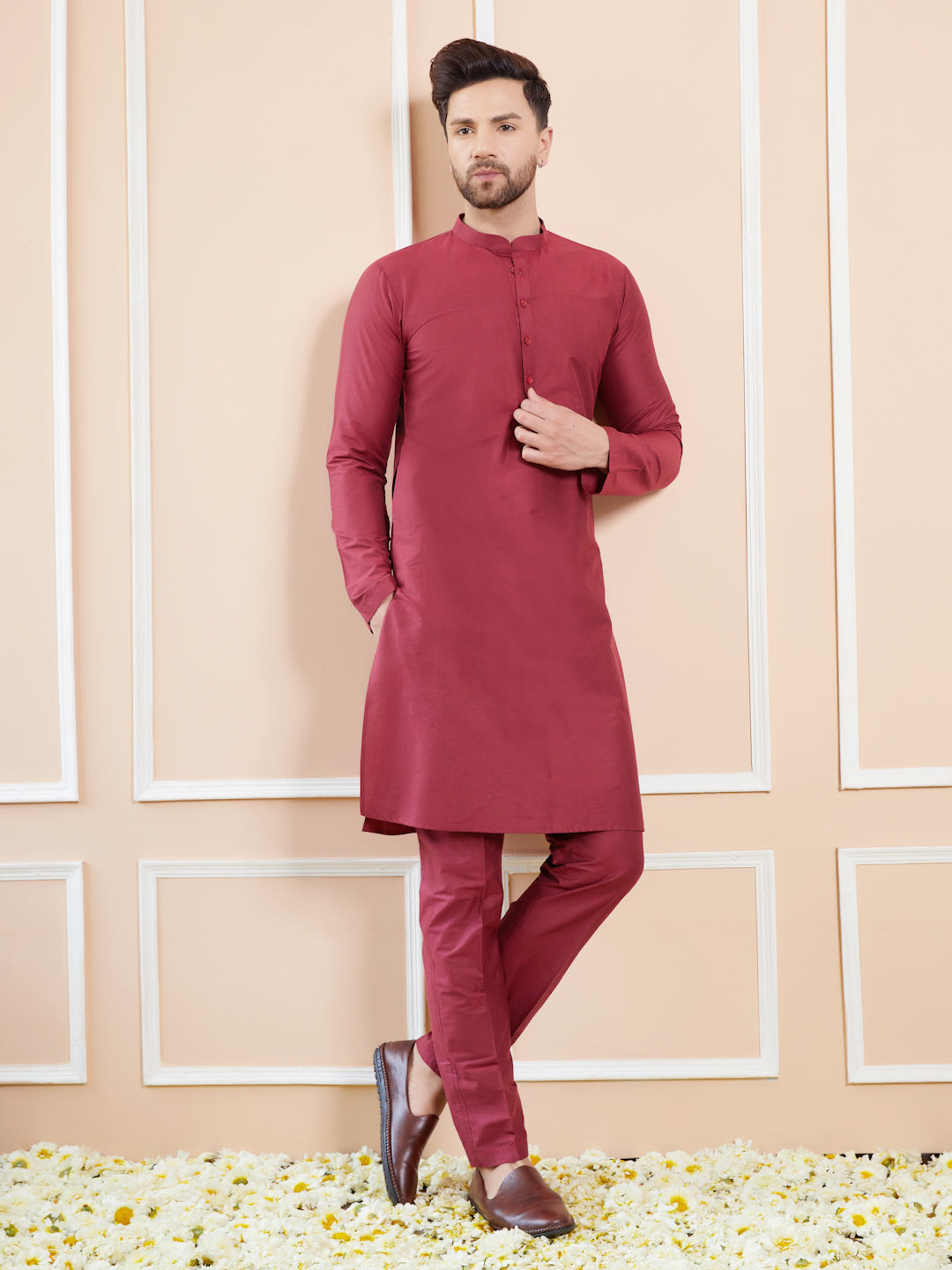 Maroon Cotton Solid Straight Kurta with Matching Pyjama