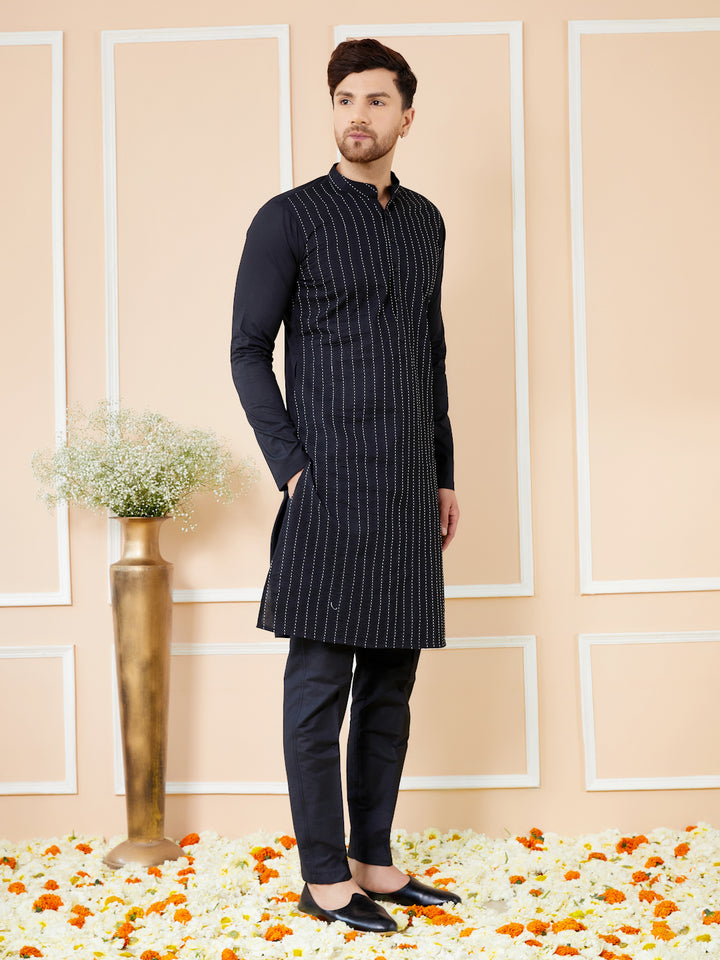 Black thread worked straight Kurta with Matching pyjama