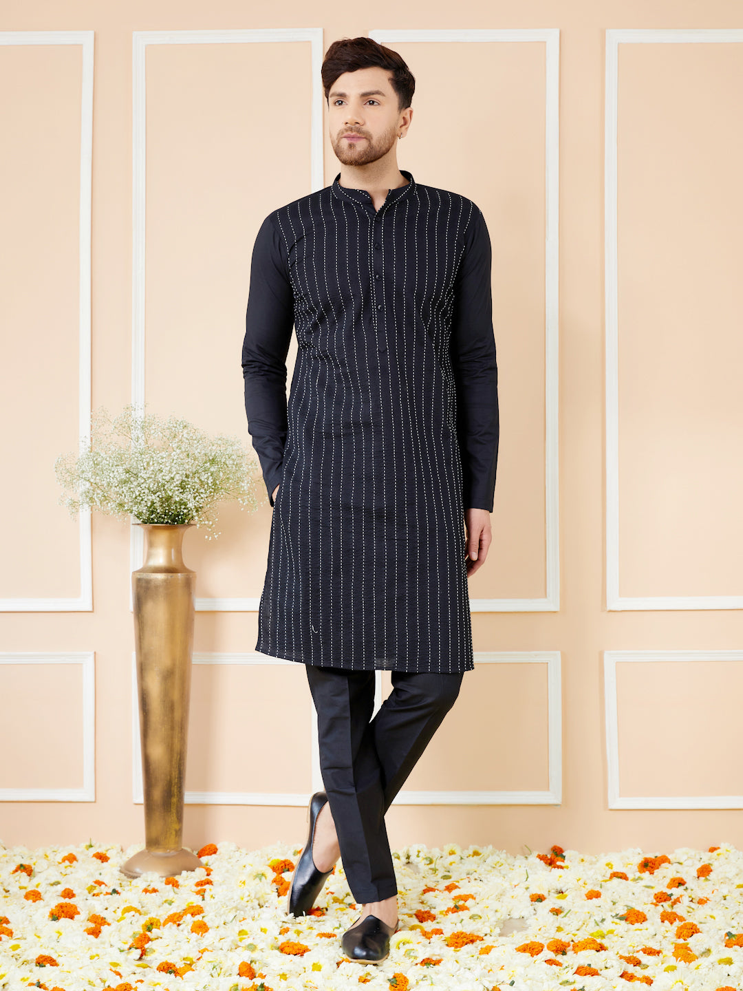 Black thread worked straight Kurta with Matching pyjama