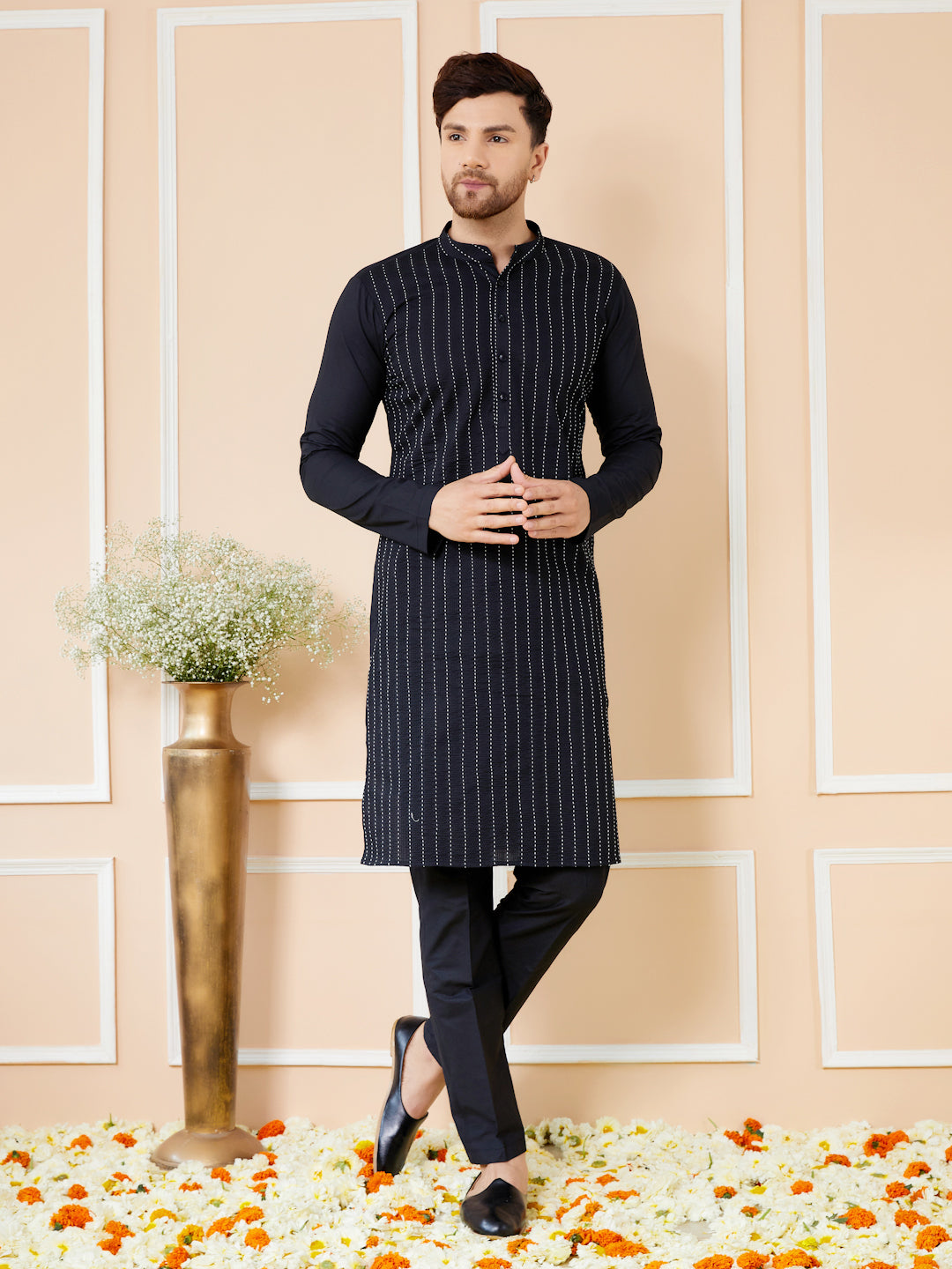 Black thread worked straight Kurta with Matching pyjama