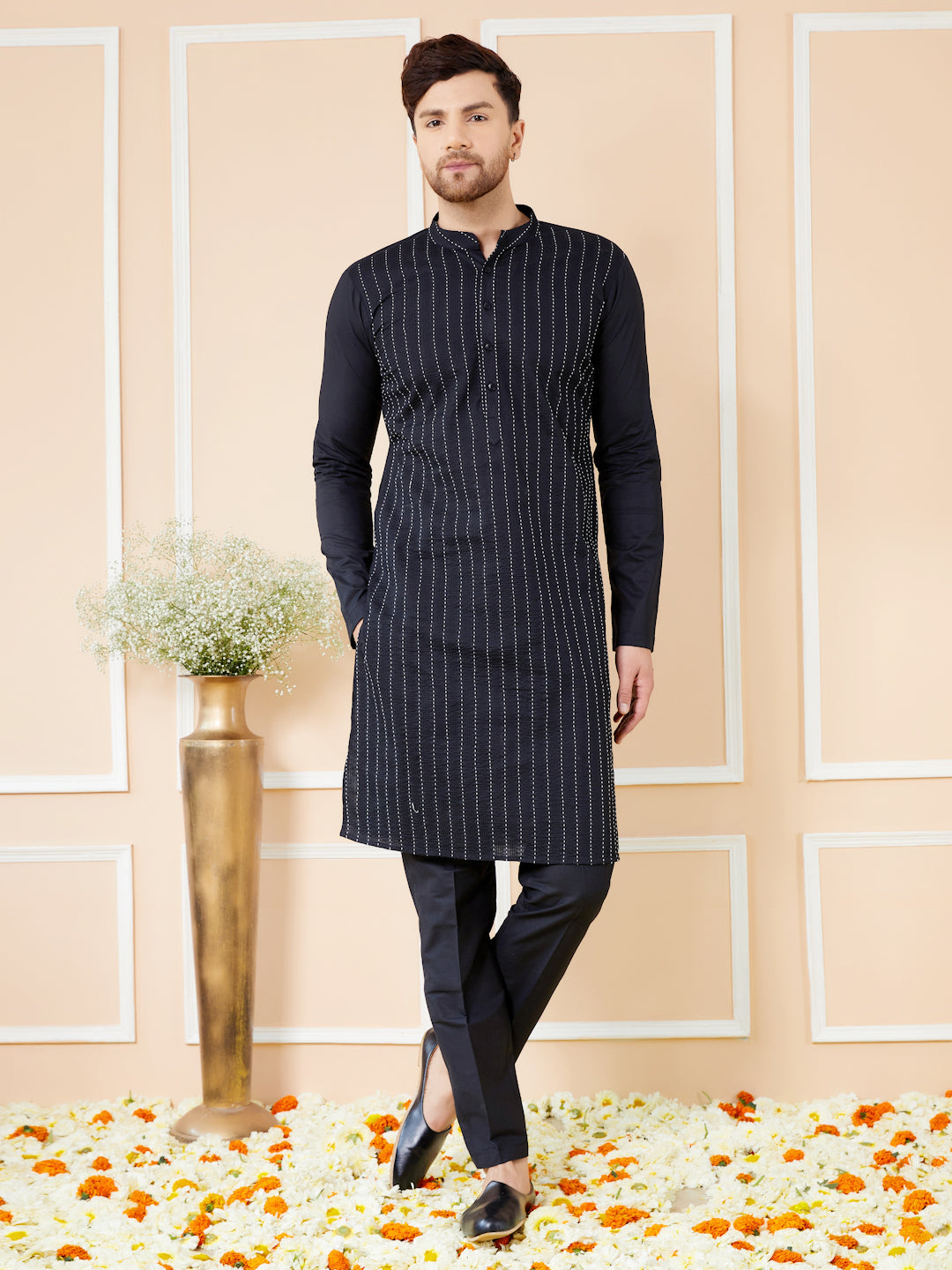 Black thread worked straight Kurta with Matching pyjama