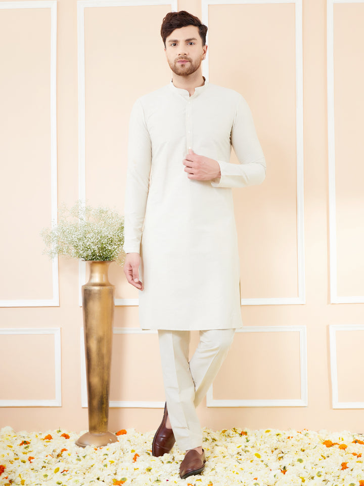 Cream Cotton Solid Straight Kurta with Matching Pyjama