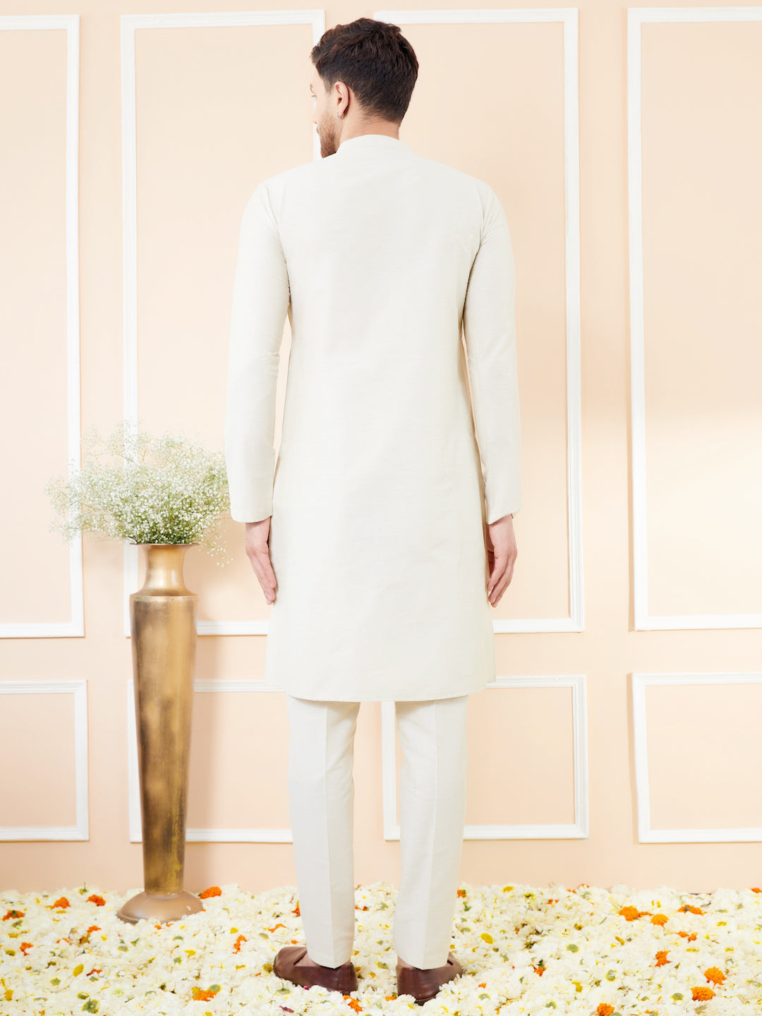 Cream Cotton Solid Straight Kurta with Matching Pyjama