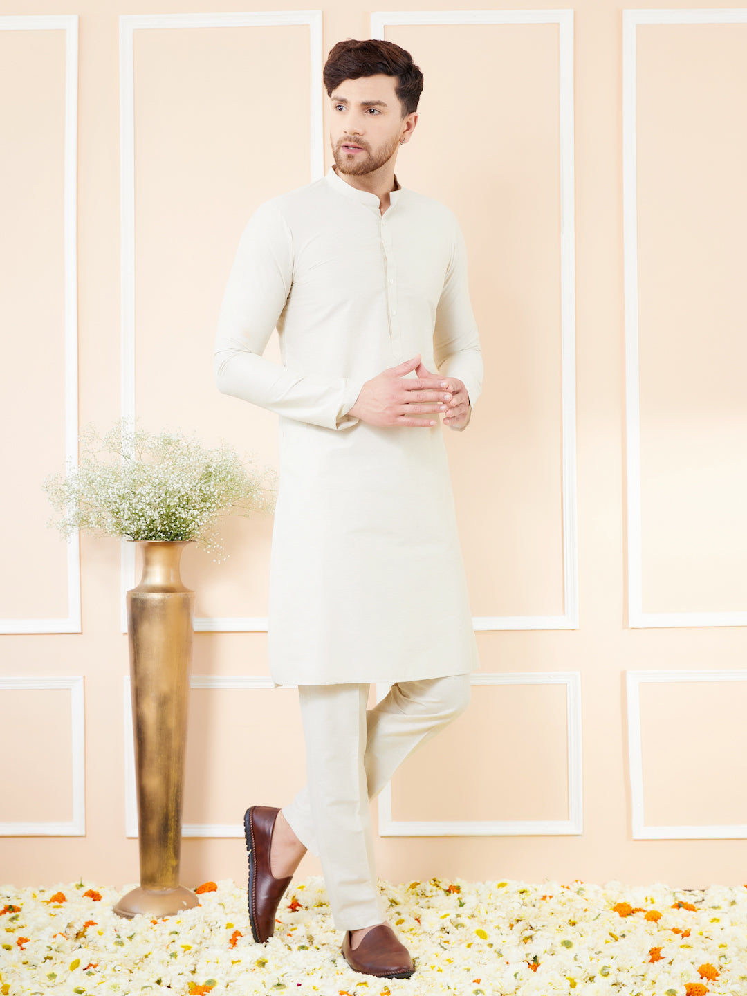 Cream Cotton Solid Straight Kurta with Matching Pyjama