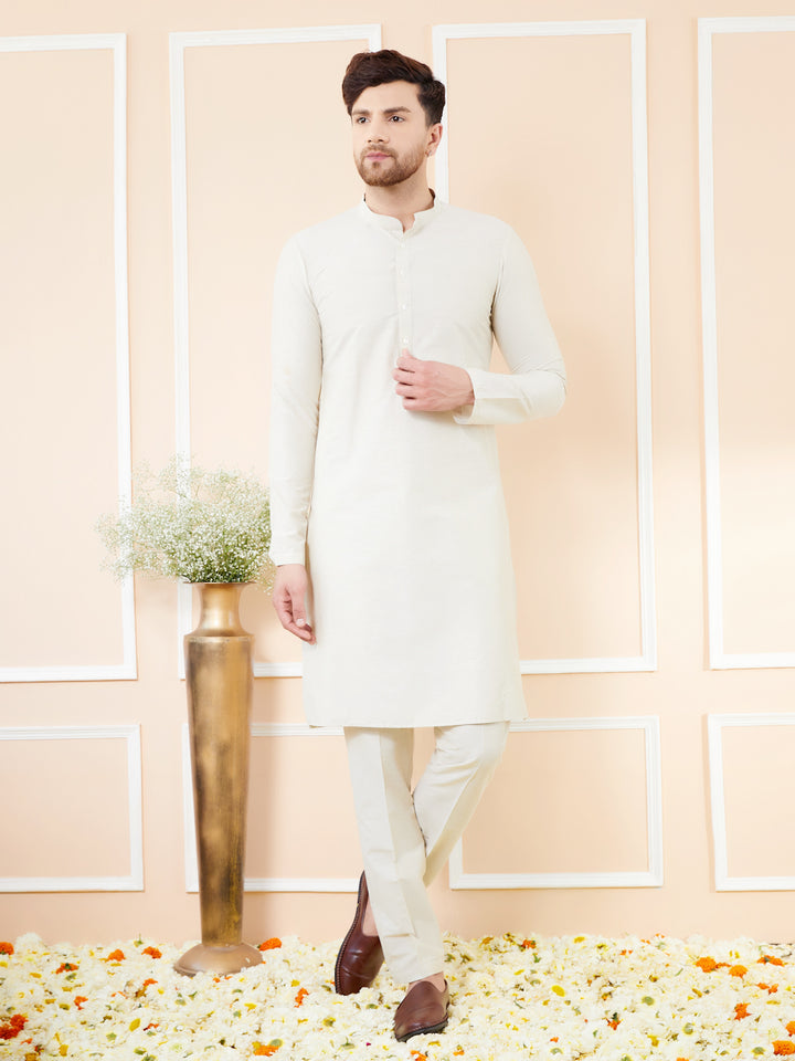 Cream Cotton Solid Straight Kurta with Matching Pyjama