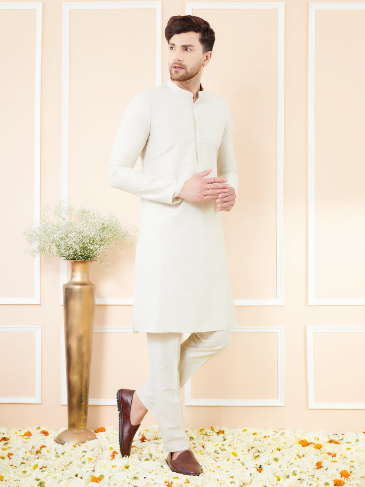 Cream Cotton Solid Straight Kurta with Matching Pyjama