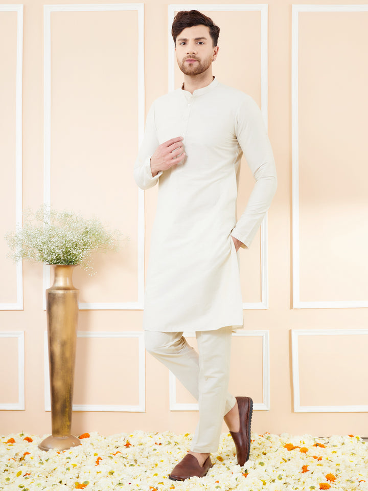 Cream Cotton Solid Straight Kurta with Matching Pyjama