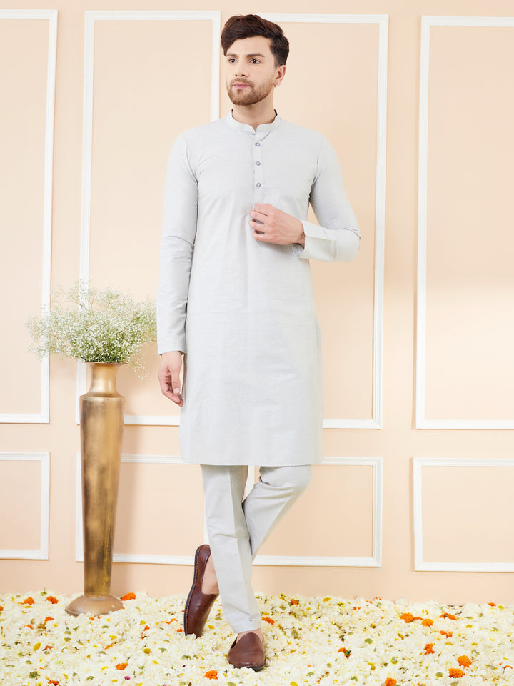 Off White Cotton Solid Straight Kurta with Matching Pyjama