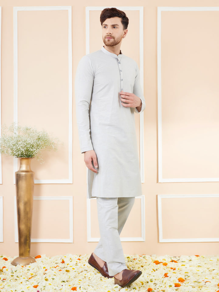 Off White Cotton Solid Straight Kurta with Matching Pyjama