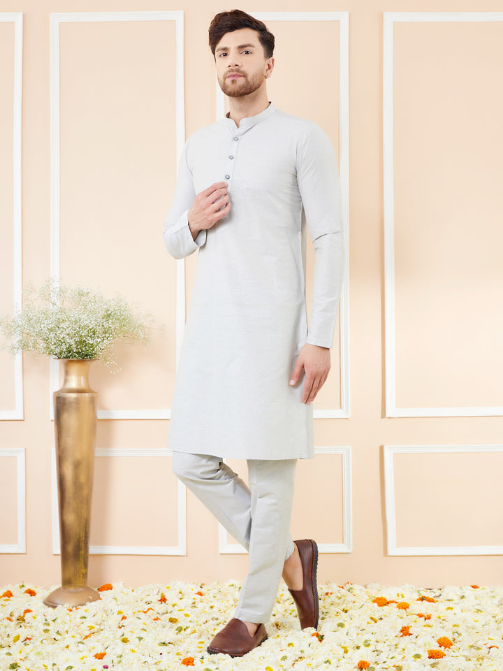 Off White Cotton Solid Straight Kurta with Matching Pyjama