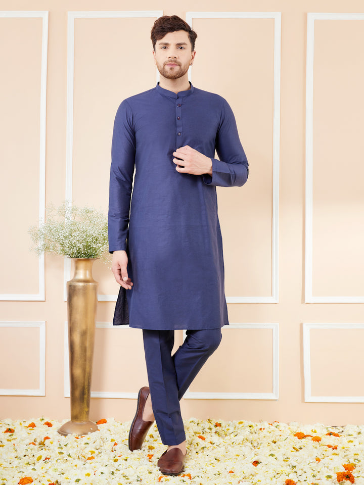 Blue Cotton Solid Straight Kurta with Matching Pyjama