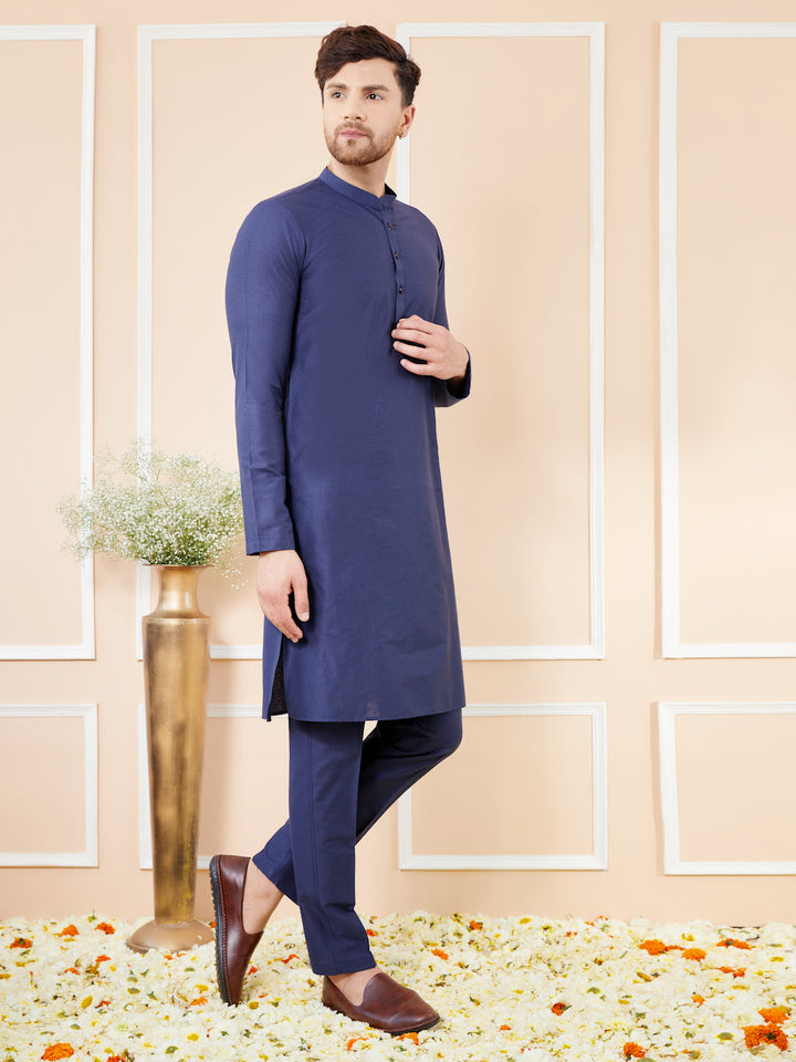 Blue Cotton Solid Straight Kurta with Matching Pyjama