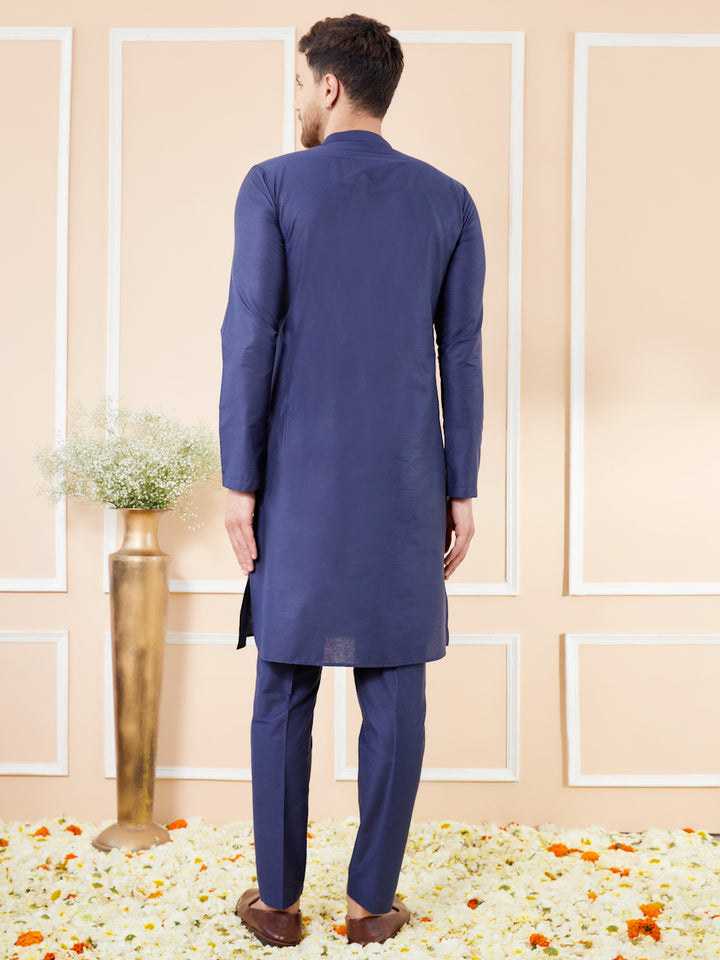 Blue Cotton Solid Straight Kurta with Matching Pyjama