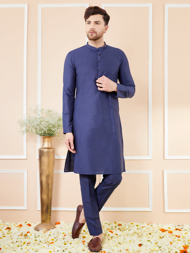 Blue Cotton Solid Straight Kurta with Matching Pyjama