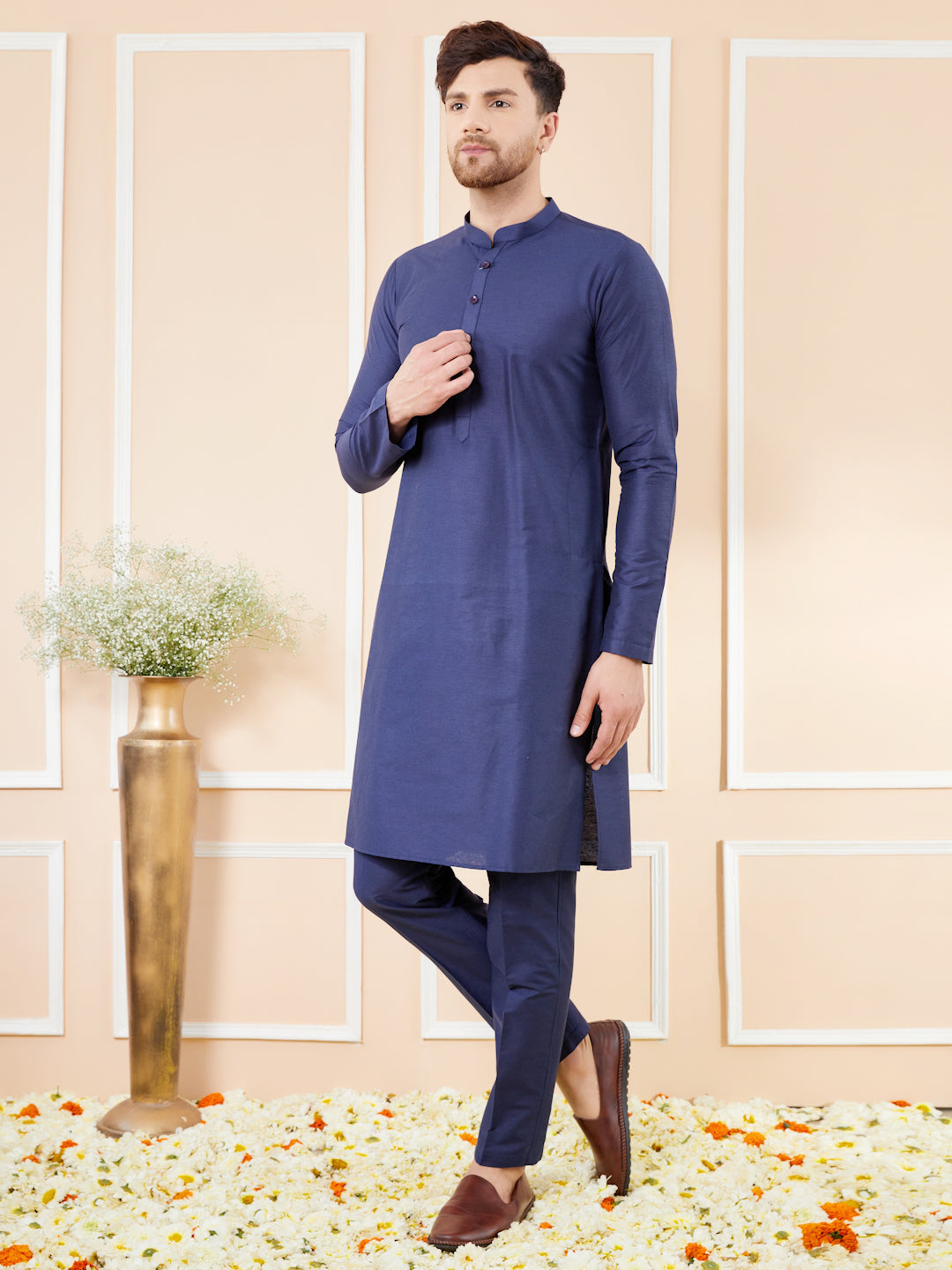 Blue Cotton Solid Straight Kurta with Matching Pyjama