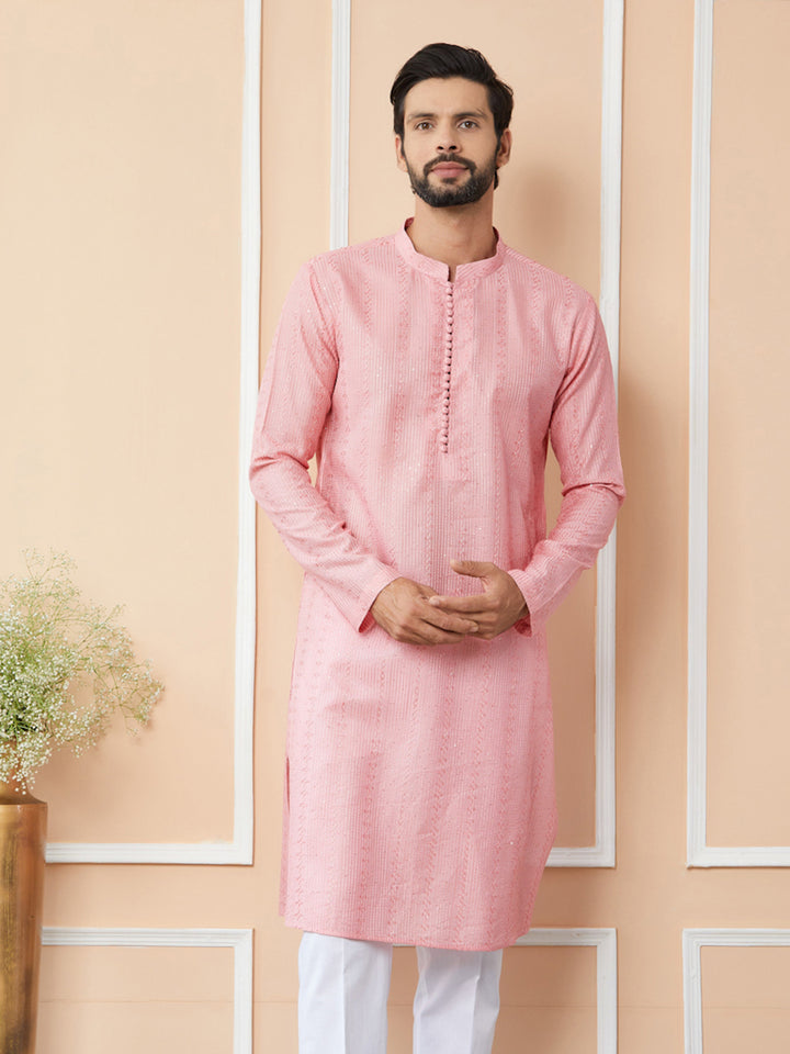 Pink Embroidered Thread Work Sequinned Chanderi Silk Straight Kurta with Pyjama