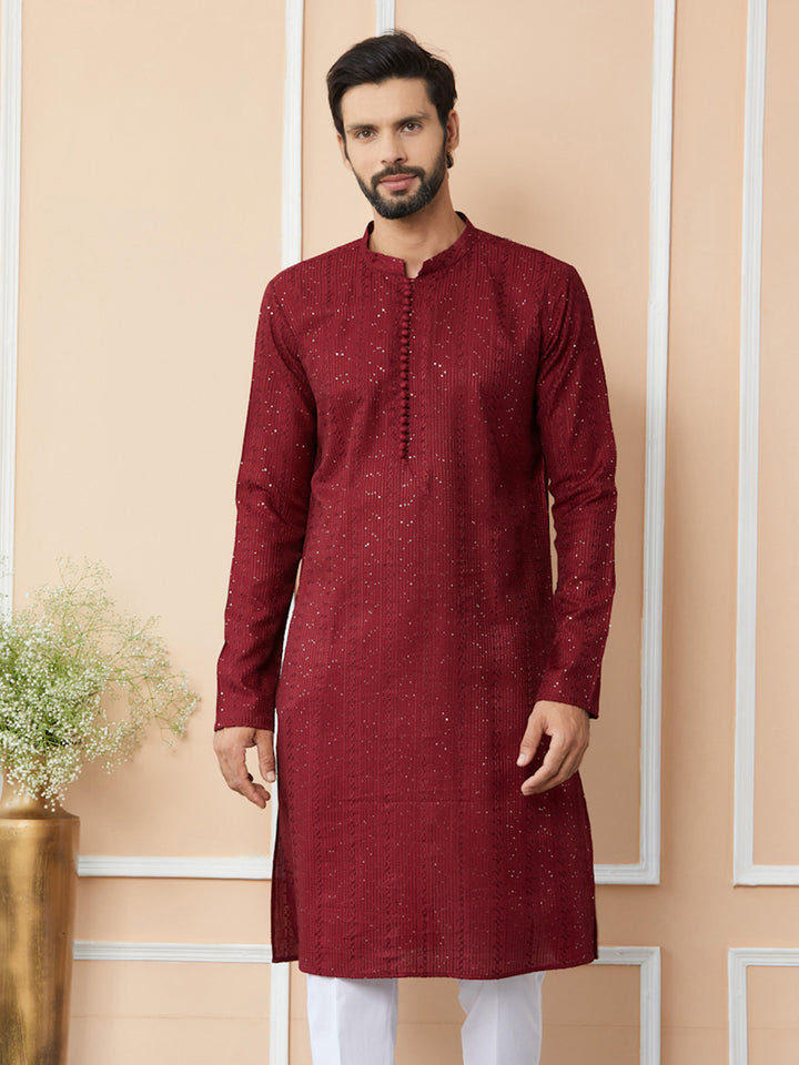 Dark Maroon Embroidered Thread Work Sequinned Chanderi Silk Straight Kurta