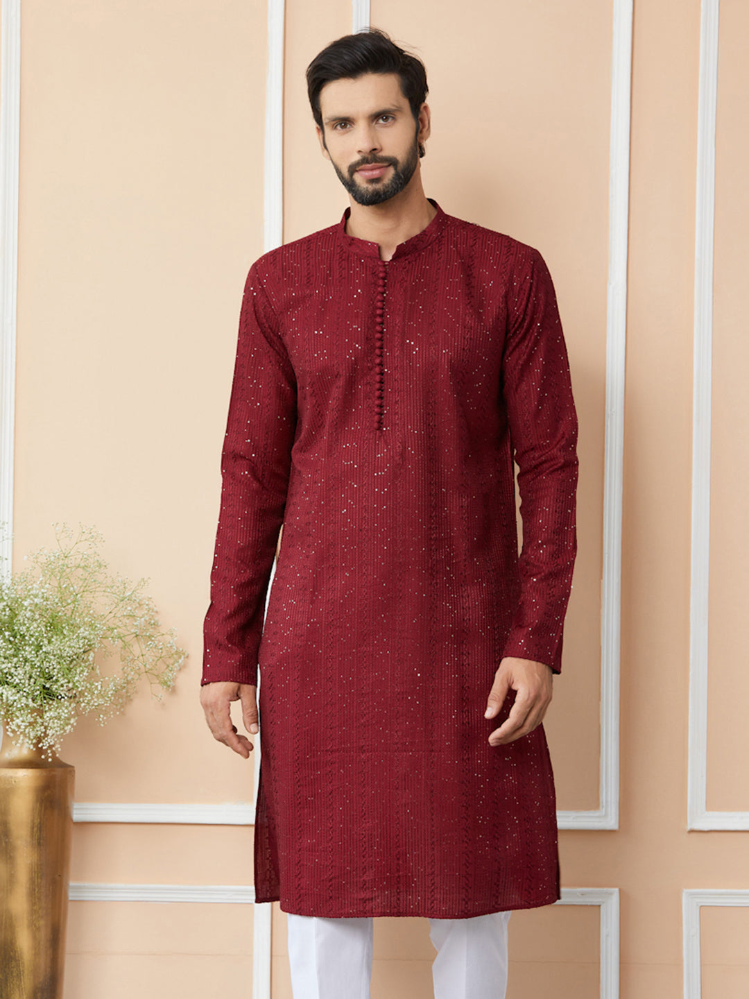 Dark Maroon Embroidered Thread Work Sequinned Chanderi Silk Straight Kurta with Pyjama