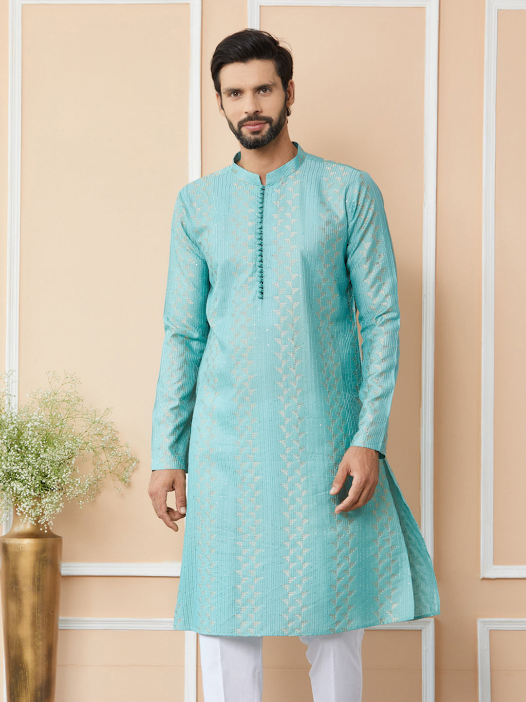 Ice Green Embroidered Thread Work Sequinned Chanderi Silk Straight Kurta