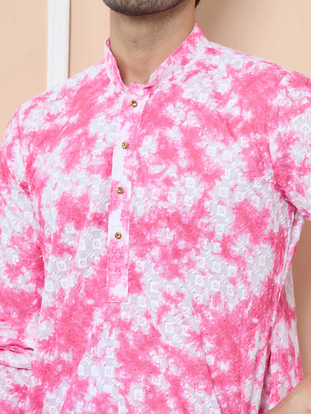 Pink Tie & Dye Printed & Embroidered Cotton Straight Kurta with Pyjama