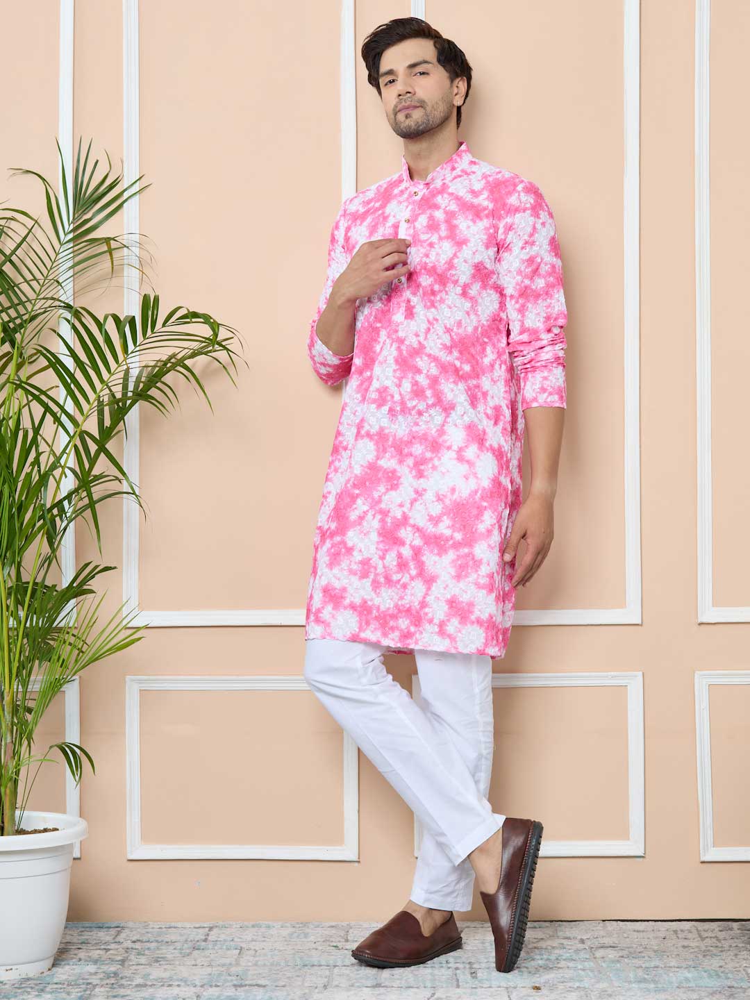 Pink Tie & Dye Printed & Embroidered Cotton Straight Kurta