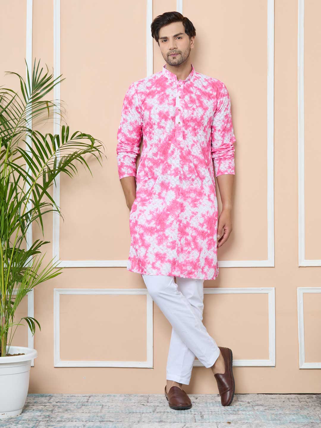 Pink Tie & Dye Printed & Embroidered Cotton Straight Kurta with Pyjama