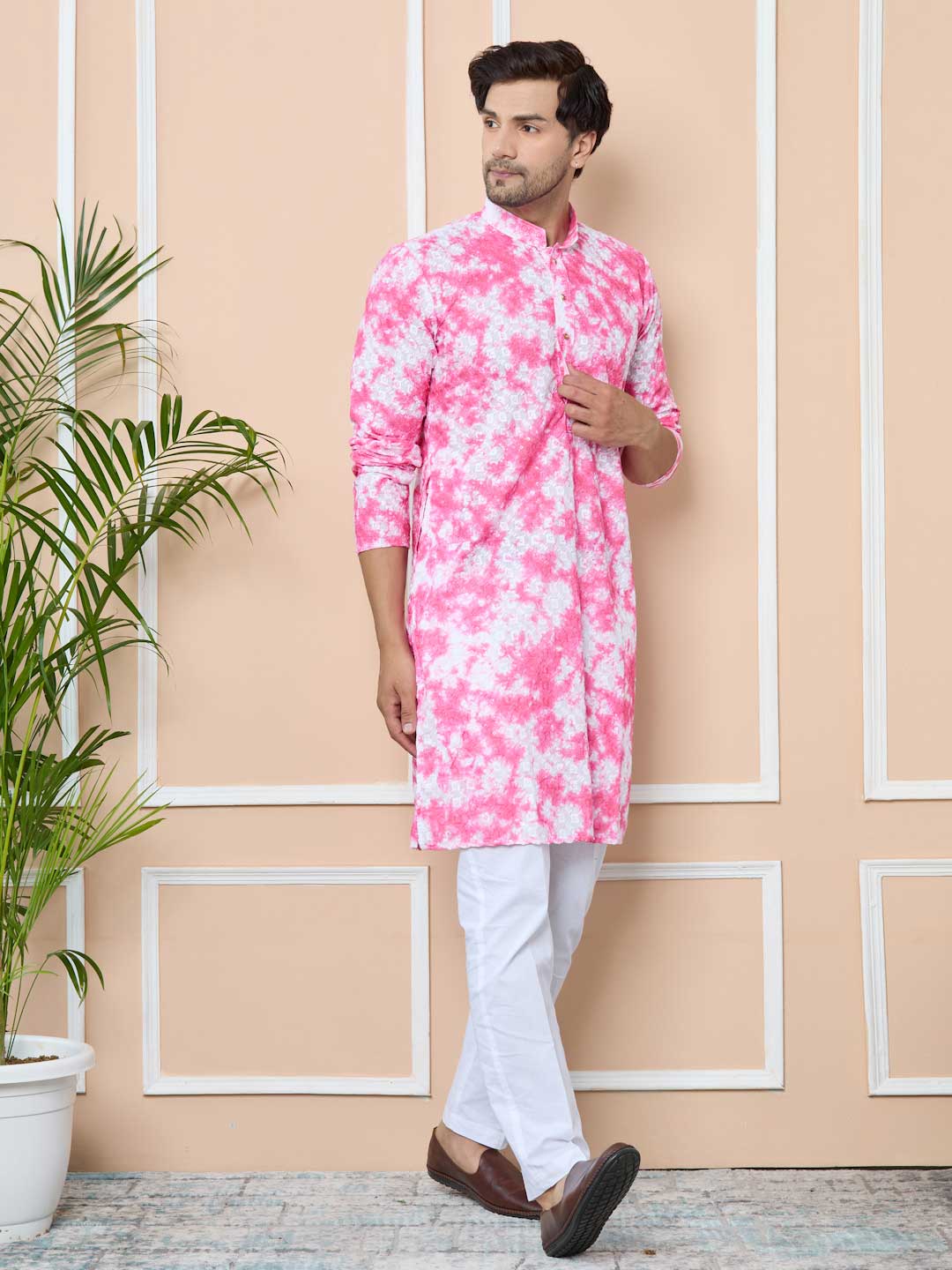 Pink Tie & Dye Printed & Embroidered Cotton Straight Kurta with Pyjama