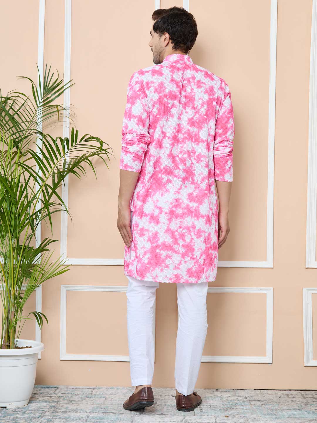 Pink Tie & Dye Printed & Embroidered Cotton Straight Kurta with Pyjama