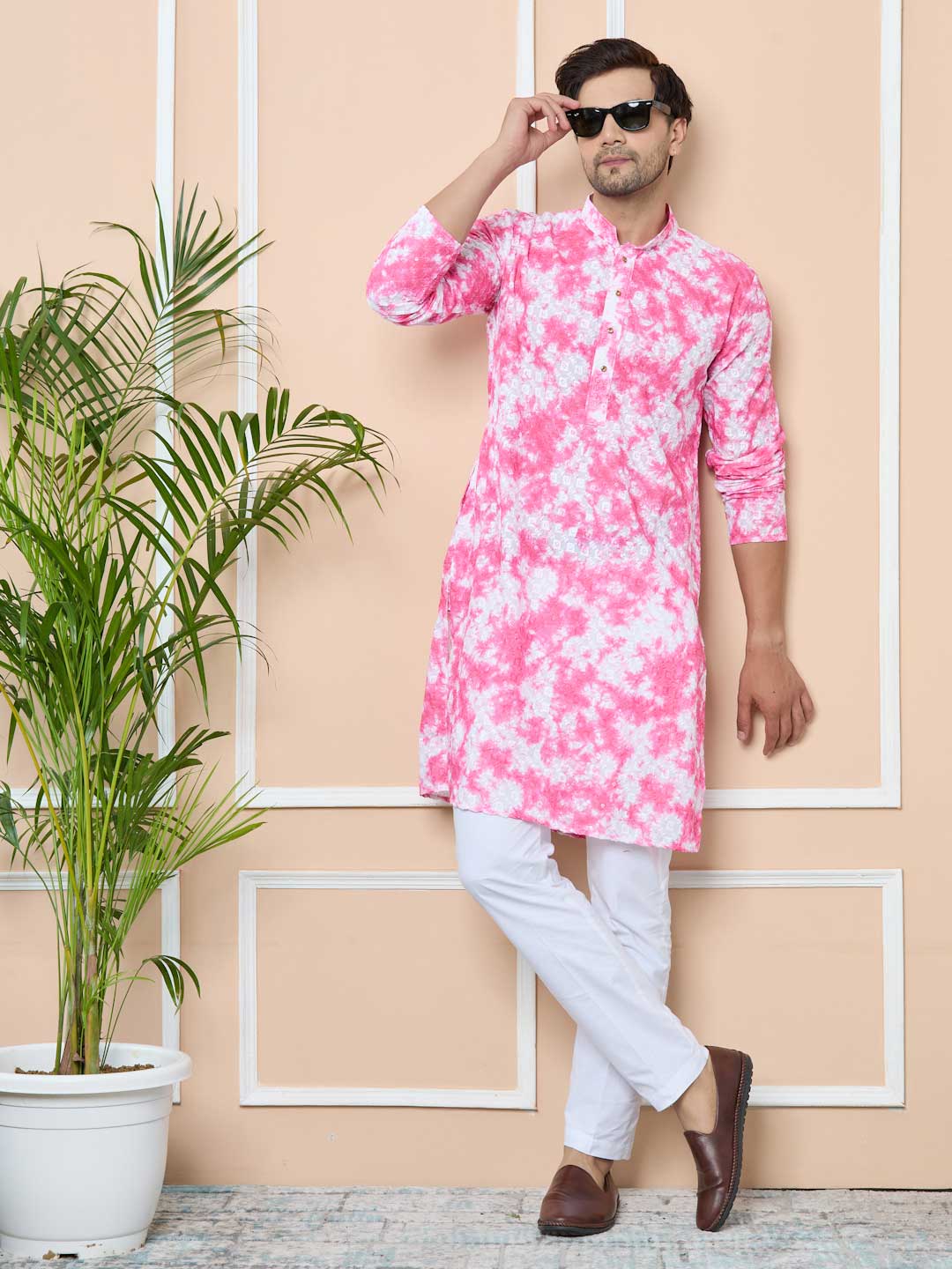 Pink Tie & Dye Printed & Embroidered Cotton Straight Kurta