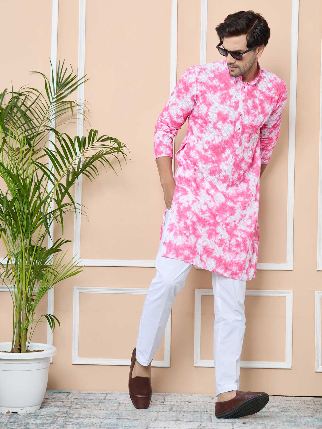 Pink Tie & Dye Printed & Embroidered Cotton Straight Kurta