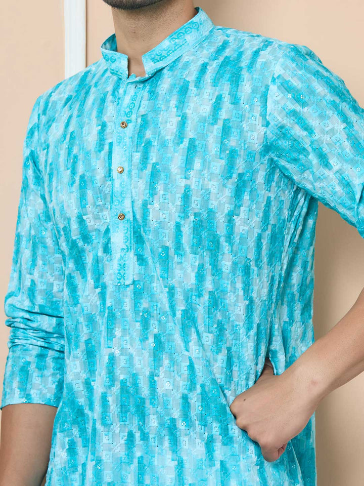 Green Tie & Dye Printed & Embroidered Cotton Straight Kurta with Pyjama