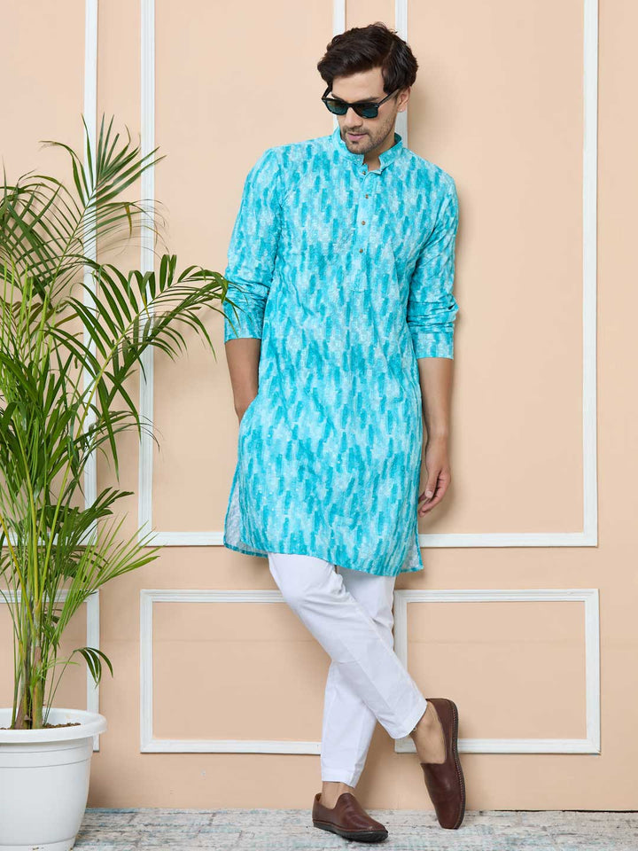 Green Tie & Dye Printed & Embroidered Cotton Straight Kurta with Pyjama