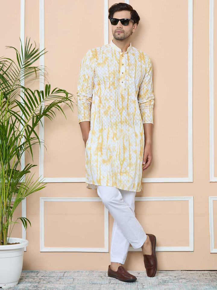 Yellow Tie & Dye Printed & Embroidered Cotton Straight Kurta