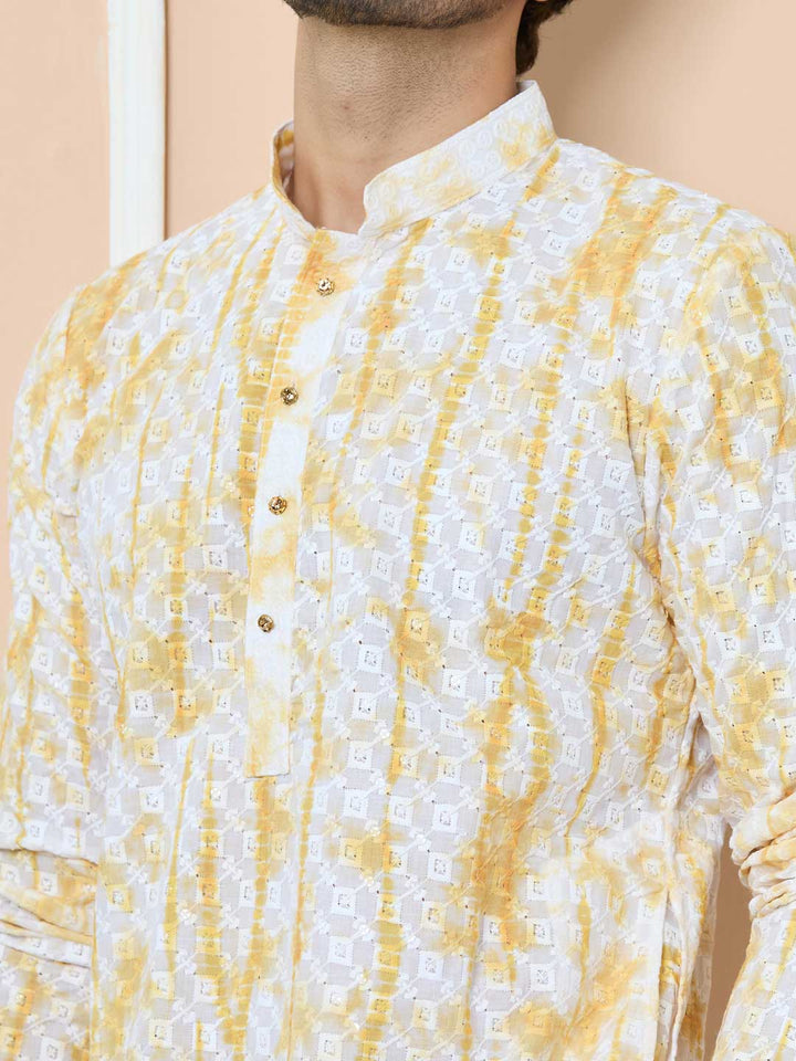 Yellow Tie & Dye Printed & Embroidered Cotton Straight Kurta