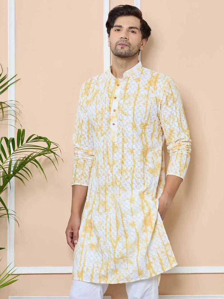 Yellow Tie & Dye Printed & Embroidered Cotton Straight Kurta