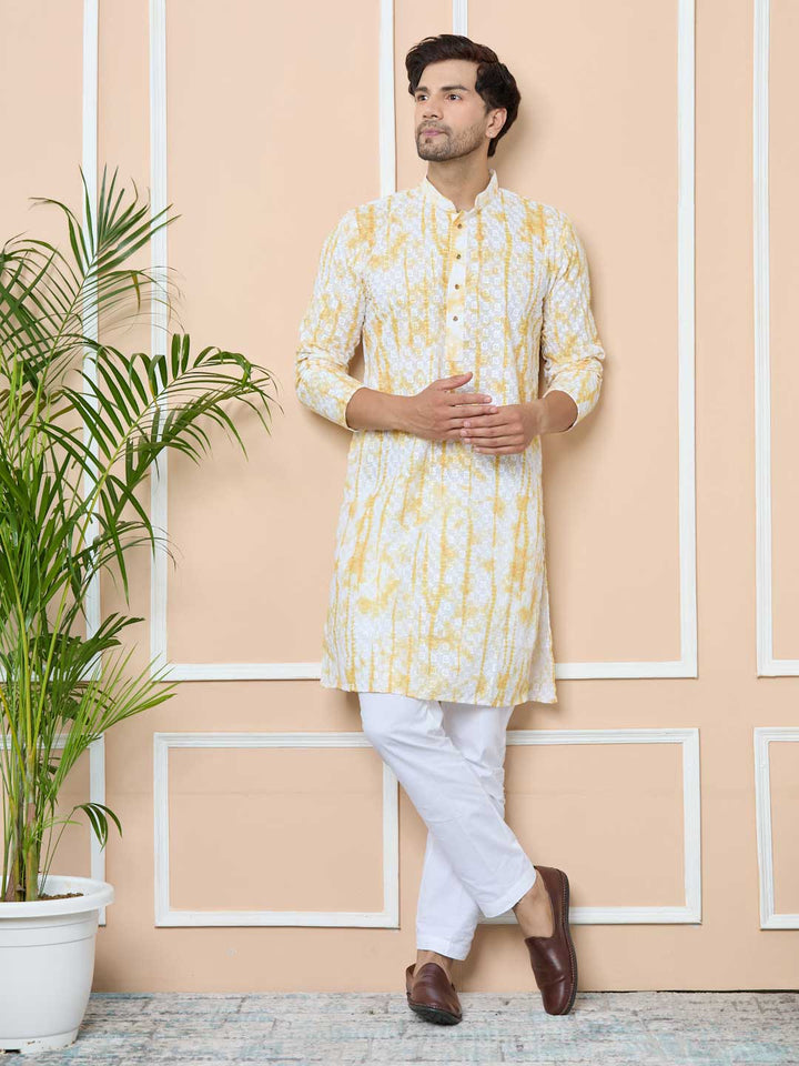 Yellow Tie & Dye Printed & Embroidered Cotton Straight Kurta