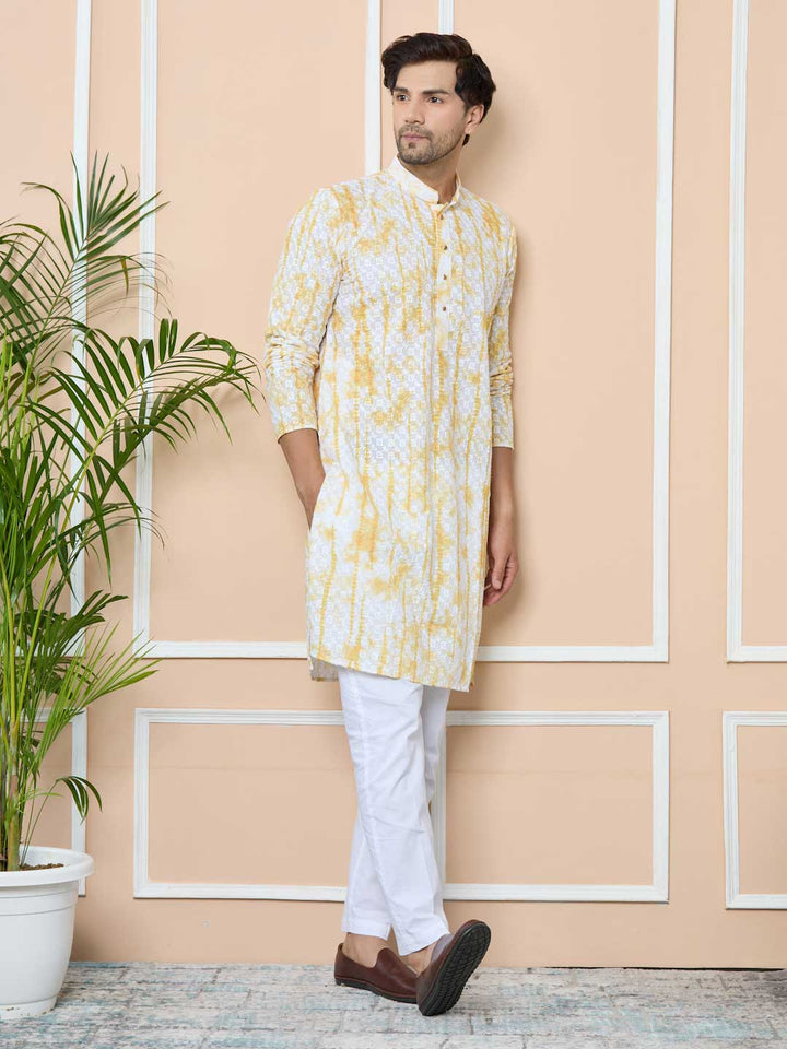 Yellow Tie & Dye Printed & Embroidered Cotton Straight Kurta