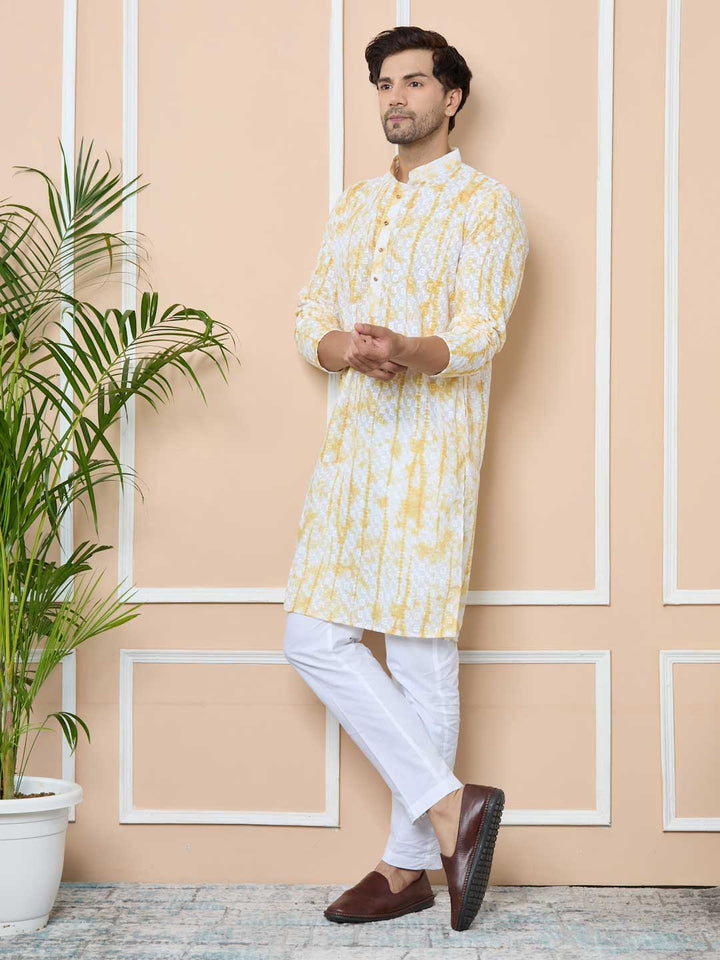 Yellow Tie & Dye Printed & Embroidered Cotton Straight Kurta