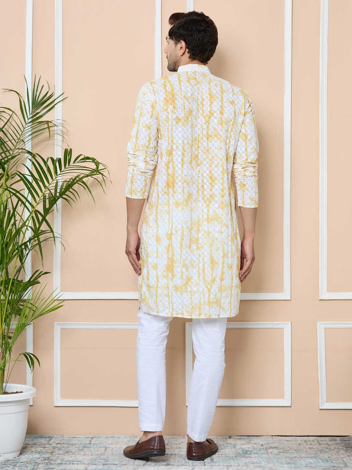 Yellow Tie & Dye Printed & Embroidered Cotton Straight Kurta