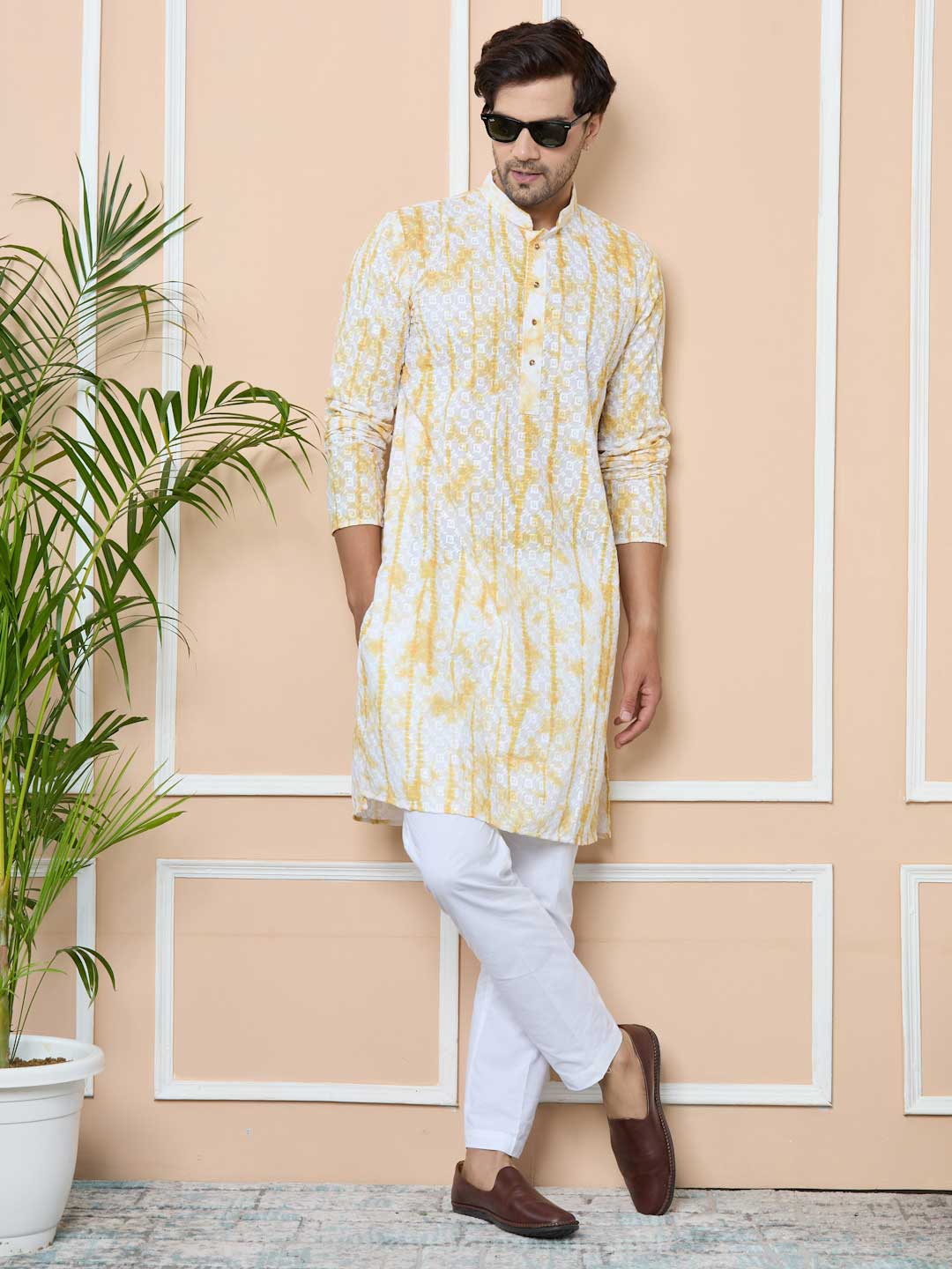 Yellow Tie & Dye Printed & Embroidered Cotton Straight Kurta