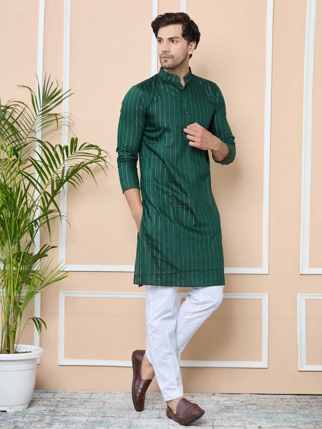 Dark Green Thread Work Straight Kurta with Pyjama