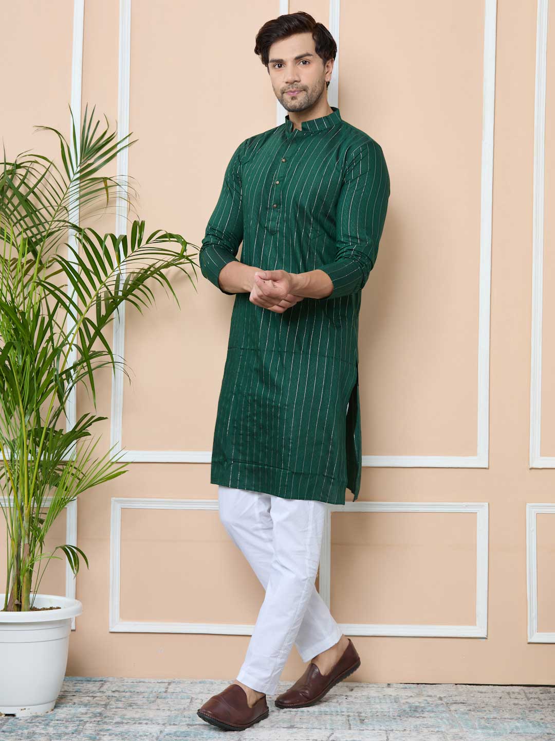 Dark Green Thread Work Straight Kurta with Pyjama