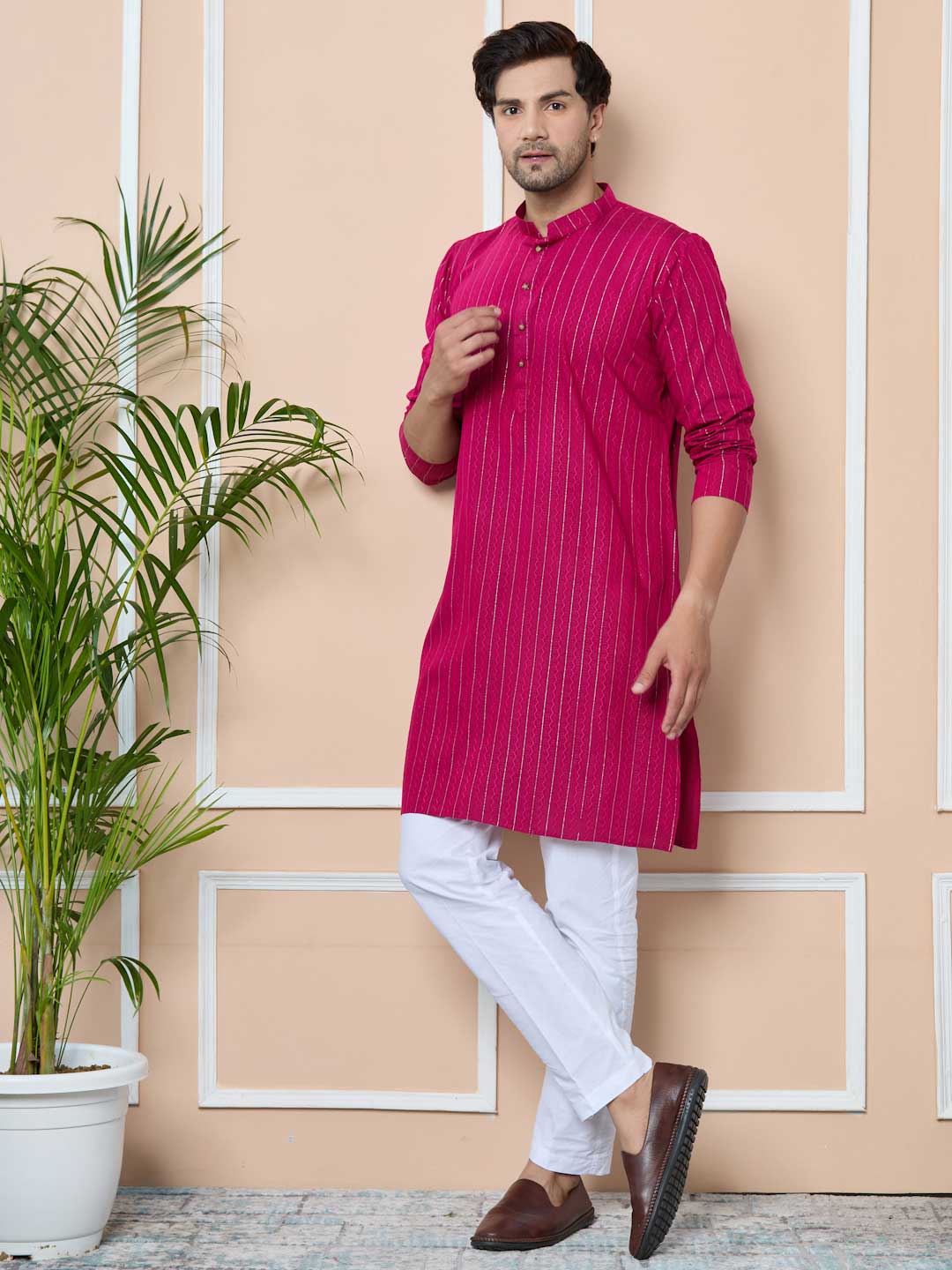 Magenta Thread Work Straight Kurta with Pyjama