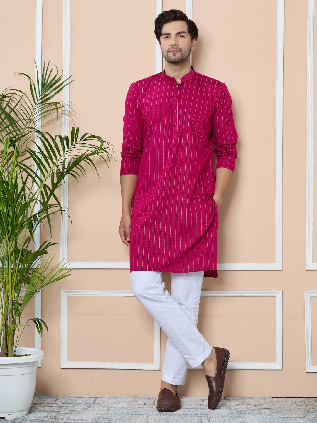 Magenta Thread Work Straight Kurta with Pyjama