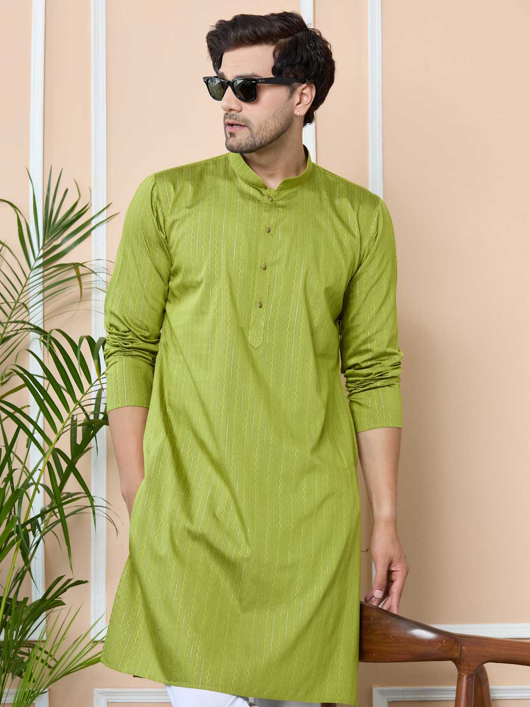 Green Thread Work Straight Kurta with Pyjama