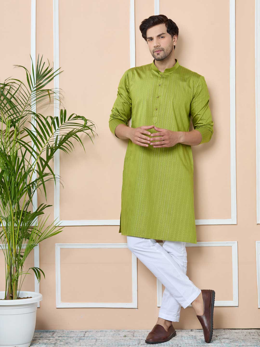 Green Thread Work Straight Kurta