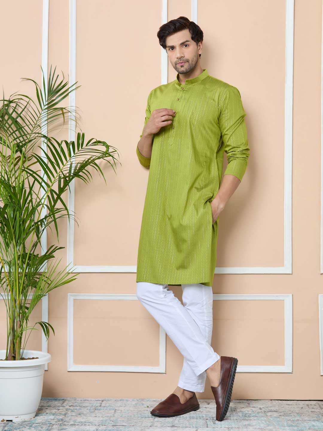 Green Thread Work Straight Kurta