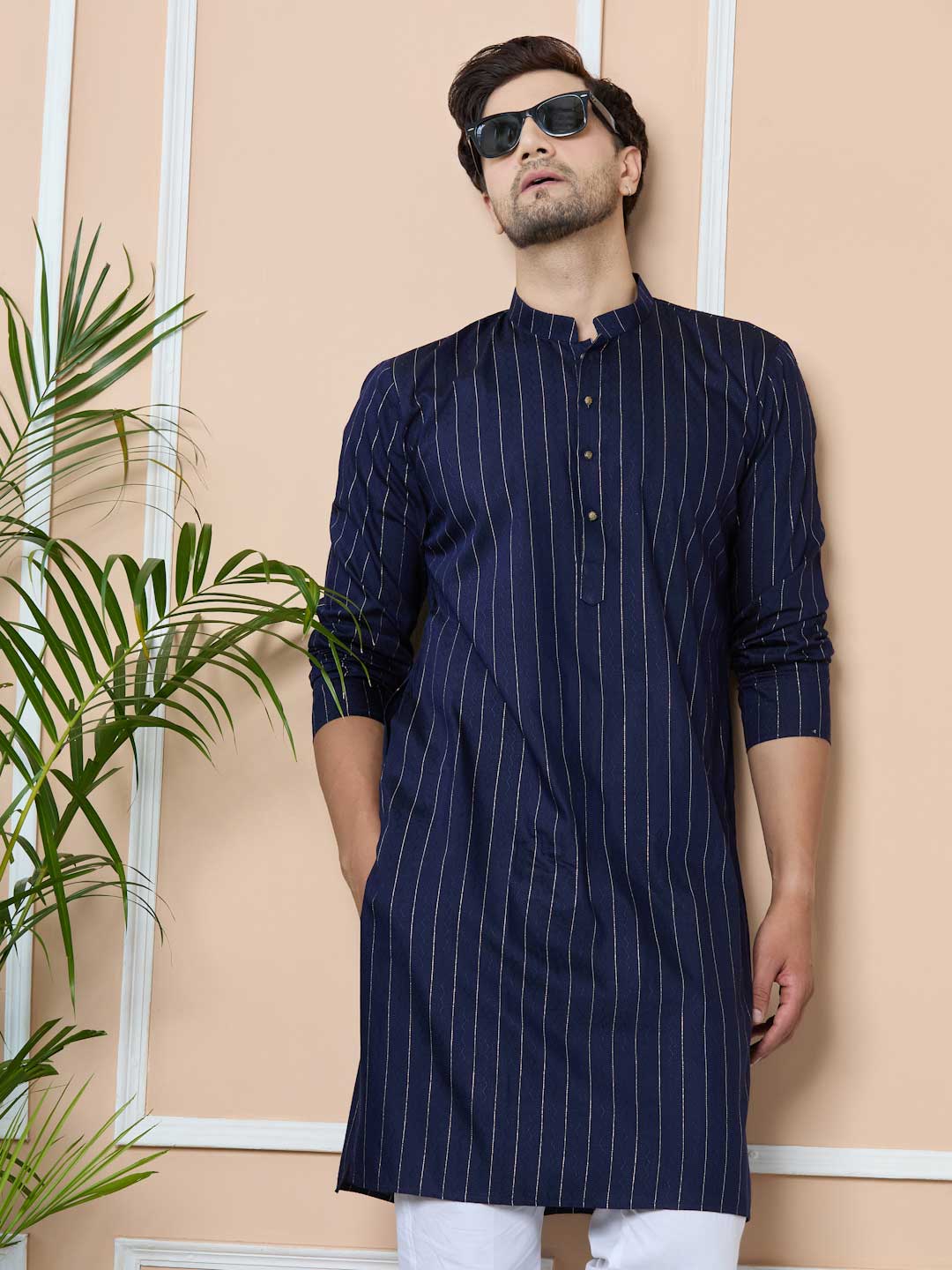 Navy Thread Work Straight Kurta