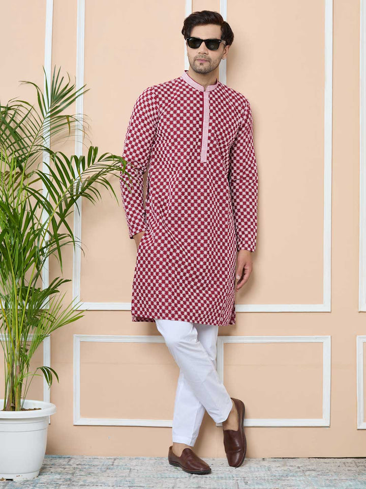 Maroon Ethnic Motifs Embroidered Mandarin Collar Straight Kurta